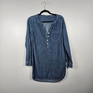 Express Womens S Denim Tunic Shirt Long Sleeve Roll Tab Pocket Dark Wash Blue